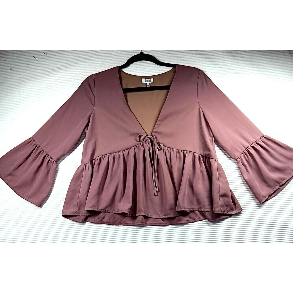 Tobi Boho Peasant Brown Top Sheer Puff Long Sleeve Crop Peplum Extra Small